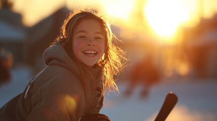A girl skates on ice, surrounded by glowing sunlight during sunset. The girl enjoys the afternoon on the ice while others skate nearby, creating a lively winter scene.
