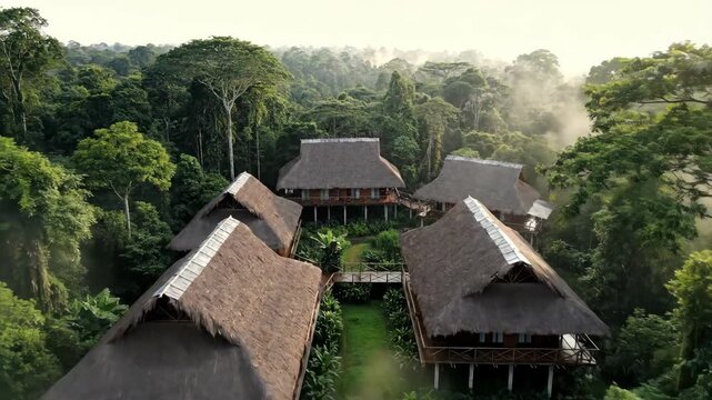 Aerial view of an eco resort with thatched roof bungalows surrounded by dense jungle foliage and misty tropical environment.