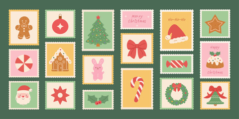 Winter vacation hand-drawn postage stamps, doodle style.Christmas set:festive postmarks and holiday elements—Xmas tree, ribbons, bows,gingerbread, toys, Santa, hat, pudding, wreath, holly, bell, candy