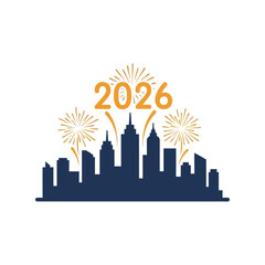 Happy new year 2026 fireworks over city skyline celebration greeting card Vector, illustration