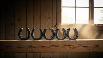 Row of lucky horseshoes on a rustic wooden shelf, sunlight streaming through a window, concept of good luck charm and western decor