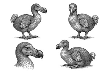 Dodo birds in multiple poses with detailed vintage hand drawn sketch style, Transparent Background © FriskySloths