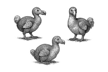 Dodo birds in multiple poses with detailed vintage hand drawn sketch style, Transparent Background