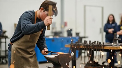Young man forging hot metal on an anvil with hammer and tongs, creating sparks in a workshop for craftsmanship and vocational training.