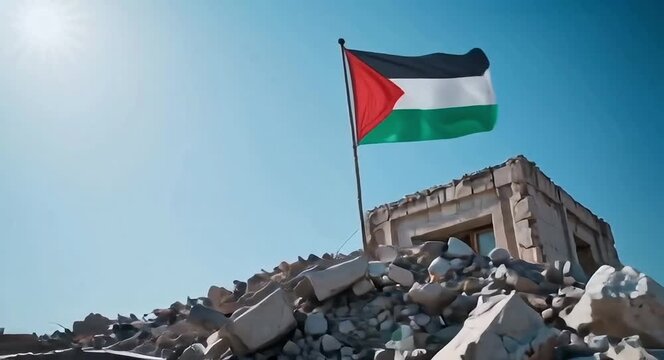 A Palestinian flag waving against a bright sky, atop the rubble of a damaged stone building in Gaza.4k video.