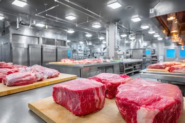 In a professional butchery setting, freshly cut meat blocks rest on wood, suggesting high-quality ingredients and precision preparation in a restaurant or food service environment