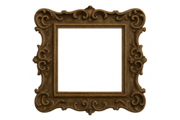 Ornate antique wooden picture frame with baroque details, historic design, and an empty space, transparent background