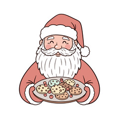 Santa Claus smiling and holding a plate of colorful cookies, isolated 