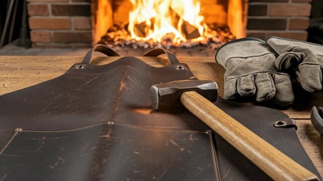 Blacksmith tools and leather apron with gloves on a wooden table, next to a brick forge with a fire burning inside.
