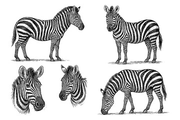 Naklejka premium Zebras in multiple poses with detailed vintage hand drawn sketch style, Transparent Background