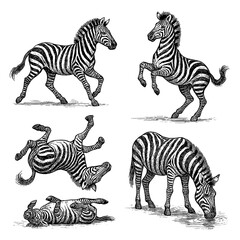 Zebras in multiple poses with detailed vintage hand drawn sketch style, Transparent Background