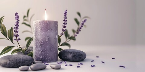 Calming lit candle with lavender and smooth stones for peaceful relaxation and spa ambiance.