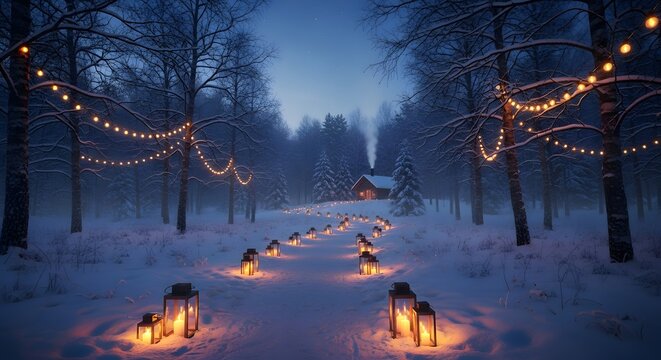 Enchanting winter wonderland scene with snow covered trees and lanterns leading to a cozy cabin in the woods
