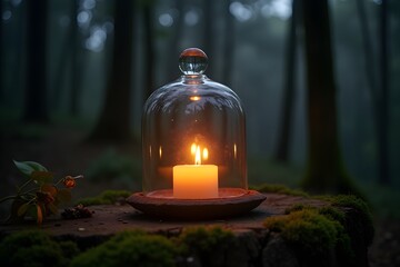 Romantic candlelight glow inside a glass dome in the forest.