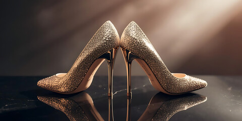 Elegant pair of glittery high-heeled shoes back-to-back on shiny surface warm soft luxurious lighting