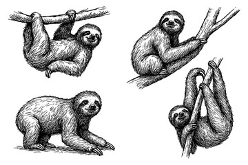 Fototapeta premium Sloths in multiple poses with detailed hand drawn pen sketch style, Transparent Background