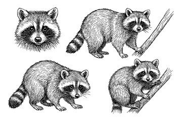 Raccoons in various poses with detailed hand drawn sketch style, Transparent Background © FriskySloths