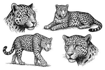Leopards in multiple poses with detailed vintage hand drawn sketch style, Transparent Background