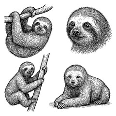 Fototapeta premium Sloths in multiple poses with detailed hand drawn pen sketch style, Transparent Background