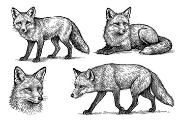 Naklejka premium Foxes in various poses with detailed hand drawn pen sketch style, Transparent Background