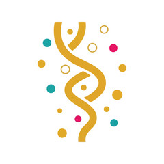 Fototapeta premium Golden swirl ribbon with colorful confetti dots isolated on white background Vector, illustration
