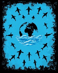 Planet Earth Surrounded by Sharks and Dolphins on a Vibrant Blue Ocean Background