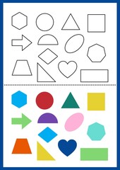 A geometry of shapes puzzle, cut out colored shapes and connect them with black and white images, a worksheet for preschoolers, a math game. 