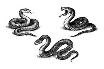 Black mamba snake in hand-drawn sketch style with textured shading, Transparent Background