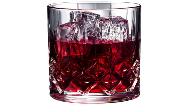 A glass of negroni cocktail with ice cubes, a classic italian aperitif with gin, vermouth, and campari