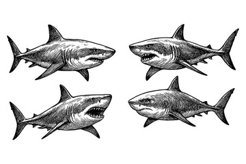 Great white sharks in multiple aggressive poses with hand drawn sketch style, Transparent Background