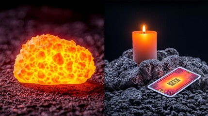 Glowing Mineral with Candle and Tarot Card on Ashen Rocks - Mystical Light and Spiritual Reflection