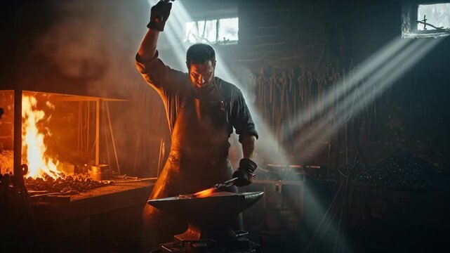 Male blacksmith striking hot metal with hammer, creating sparks, concept of traditional craft and forging artistry
