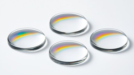 Abstract Light Refraction on Glass Discs Creating Rainbow Patterns on White Background