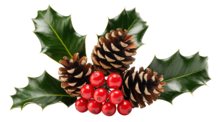 A festive arrangement of natural pine cones bright red berries and glossy green holly leaves isolated on transparent background