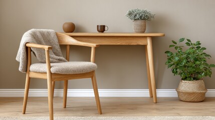 Fototapeta premium Scandinavian living room interior design with wooden furniture cozy environment earth toned aesthetics