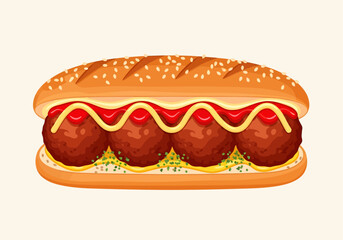 A clean vector illustration captures a classic meatball sub, detailed with four large meatballs, perfectly zigzagged ketchup and mustard, fresh herbs, and a sesame seed bun
