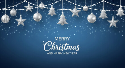 merry christmas and happy new year card. Merry Christmas and Happy New Year Vector Background with Silver Ornaments and Snow. Merry Christmas and New year banner. Christmas and New year greetings © bikram