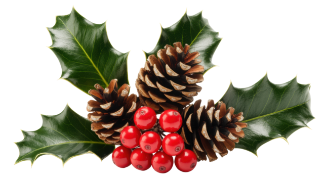 A festive arrangement of natural pine cones bright red berries and glossy green holly leaves isolated on transparent background