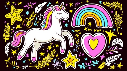 Colorful Unicorn and Rainbow Illustration with Stars and Hearts on Dark Background