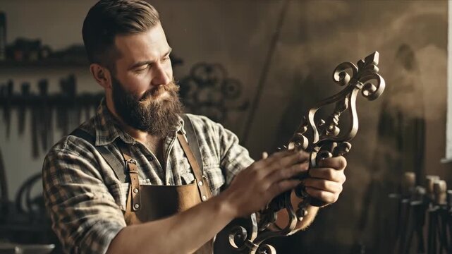 Man artisan holding a finished decorative metal scrollwork piece, inspecting it with pride in his workshop. Craftsman showing handmade wrought iron home decor.