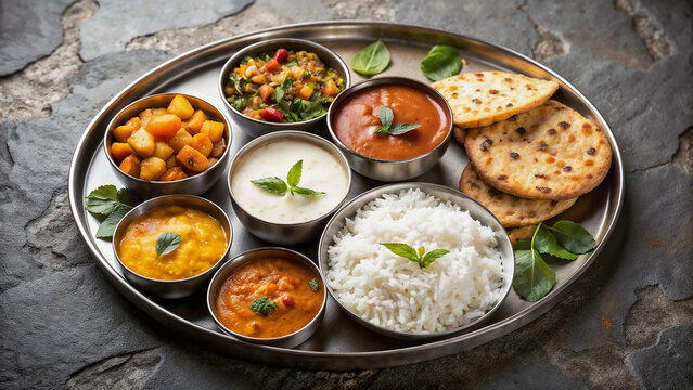 Showcasing minimal Indian thali with colorful dishes, naan bread, and rice arranged on silver platter. This minimal Indian thali represents culinary traditions.