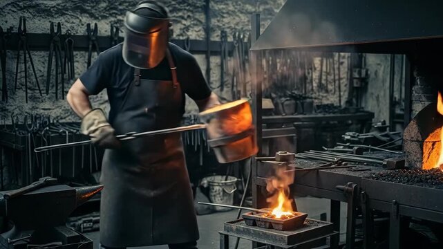 Man casting molten metal into mold with bright sparks in a traditional blacksmith workshop for industrial and craft concept.