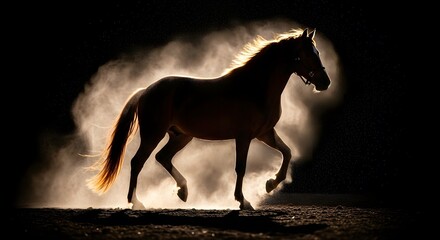dark silhouette of a powerful horse moving through illuminated dust for equestrian blogs, website headers, inspirational posters, and business presentations