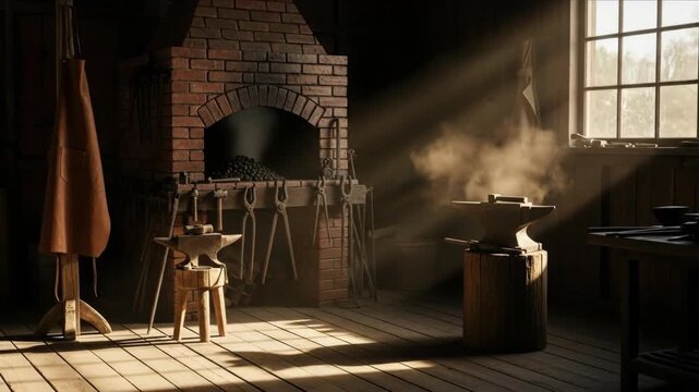 Sunlight illuminates a rustic blacksmith forge with tools and an anvil, showing subtle smoke from a prepared metal.