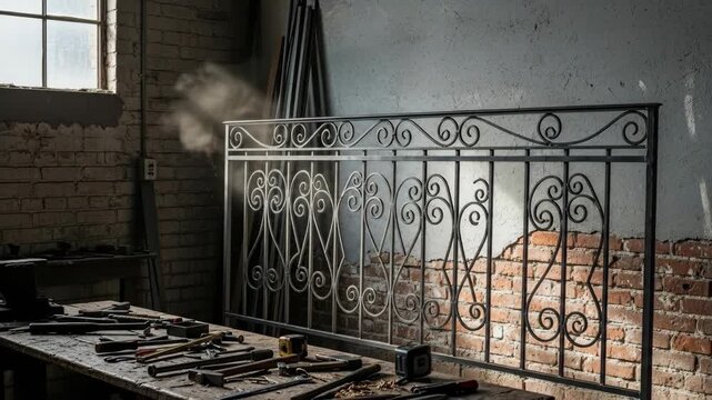 Wrought iron railing creation workshop. Dust rising as craftsman works on decorative metal fence. Industrial art of blacksmithing.