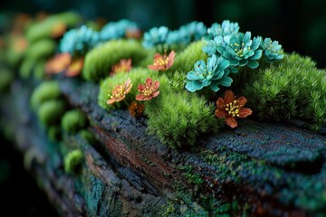 Close-Up Macro of Moss and Tiny Flowers Growing on Decaying Wood