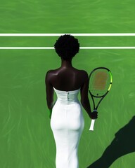 Elegant Tennis Player in White Dress on Vibrant Green Court Seen From Behind
