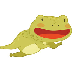 Cute cartoon green frog with big smile and rosy cheeks flying with transparent background in light background