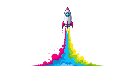 Colorful rocket launching with vibrant smoke trails isolated on transparent background