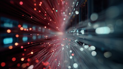 A vivid representation of glowing data streams creates an atmosphere filled with energy and motion. The flowing data showcases the complex interactions within network technology.